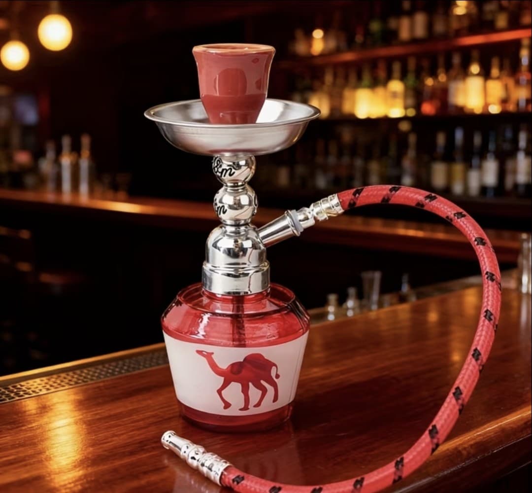 Red glass mini hookah with camel design and single red hose